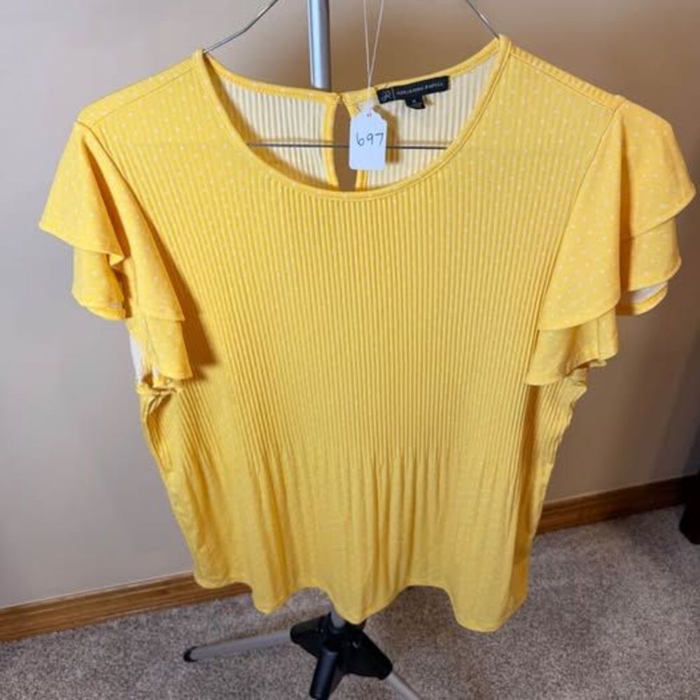 Adrianna Papell Yellow Polka Dot Ruffle Sleeve Top